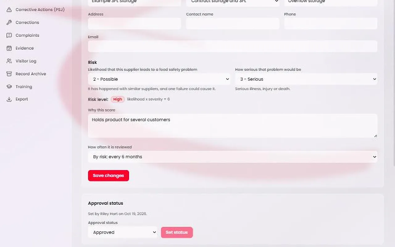 A supplier's page showing the Risk fields with a likelihood and a severity chosen, a reason, the review frequency, and a High risk badge. The Approval status section below has a status menu and a Set status button.