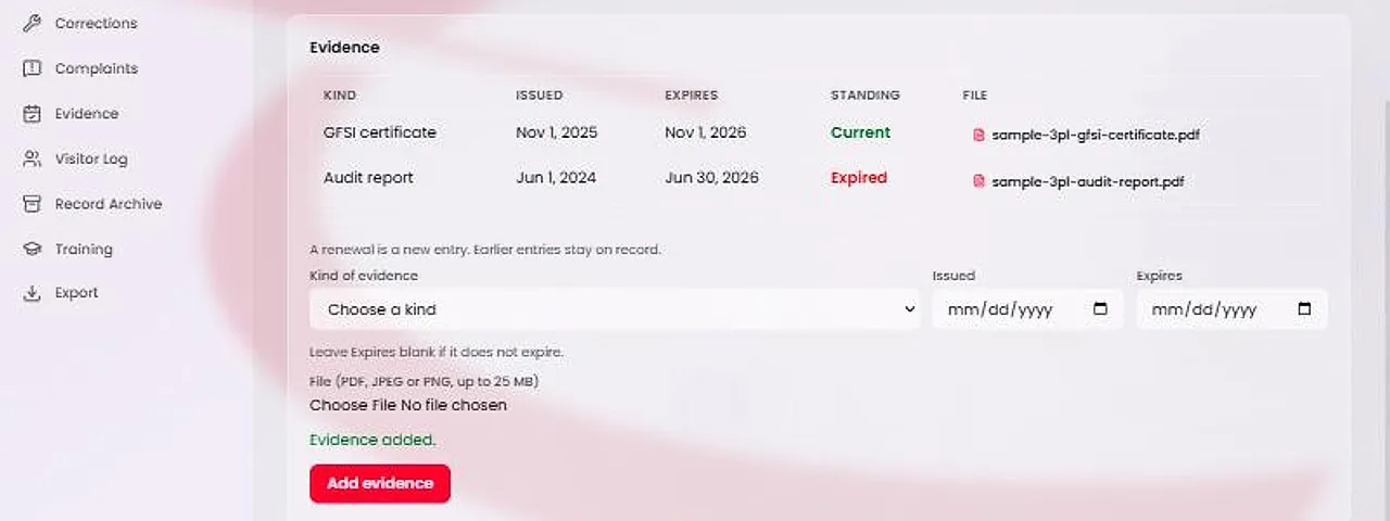 The Evidence section of a supplier's page. A table lists a GFSI certificate marked Current and an audit report marked Expired, with issued and expiry dates and an Add evidence form beneath.