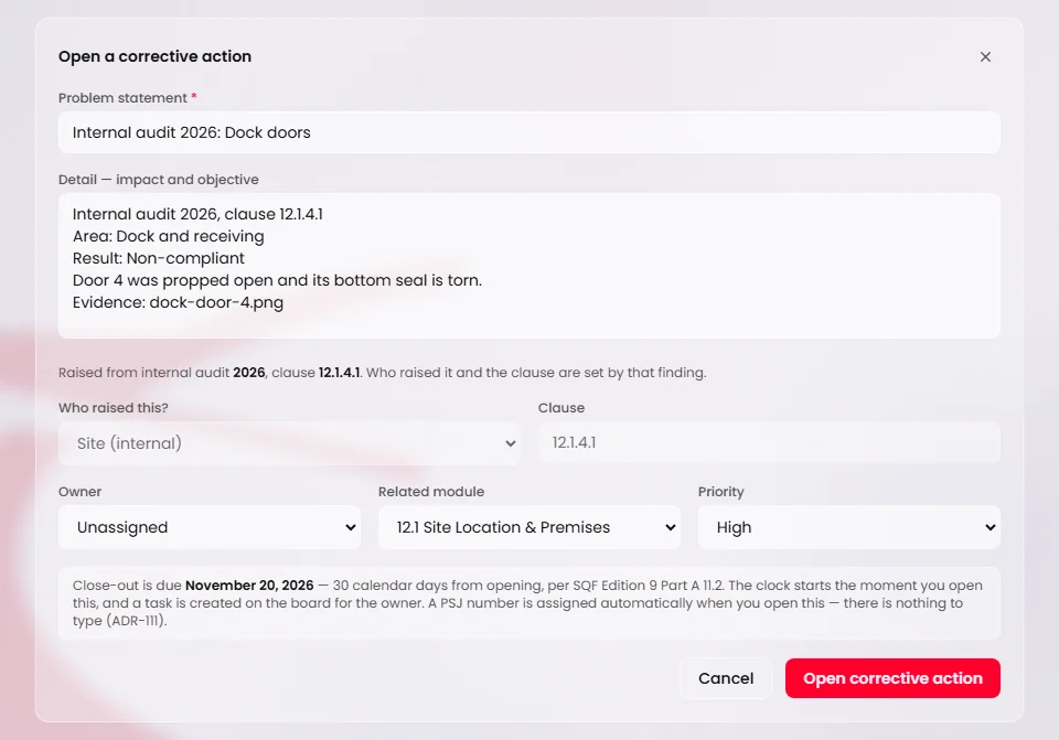 The Open a corrective action form as it opens from an audit gap. The title and the detail are already filled in. A line says it was raised from the internal audit and names the clause. Who raised this reads Site (internal), the Clause box is locked, and the Open corrective action button is at the foot.