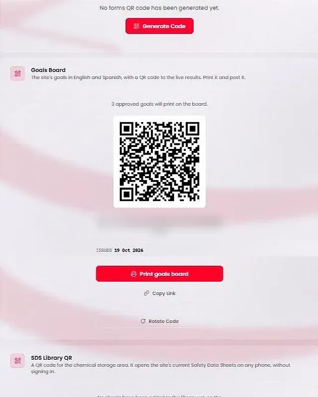 The Goals Board card on the Site Profile page. It says three approved goals will print on the board, shows a QR code and its link, and has Print goals board, Copy Link and Rotate Code buttons.