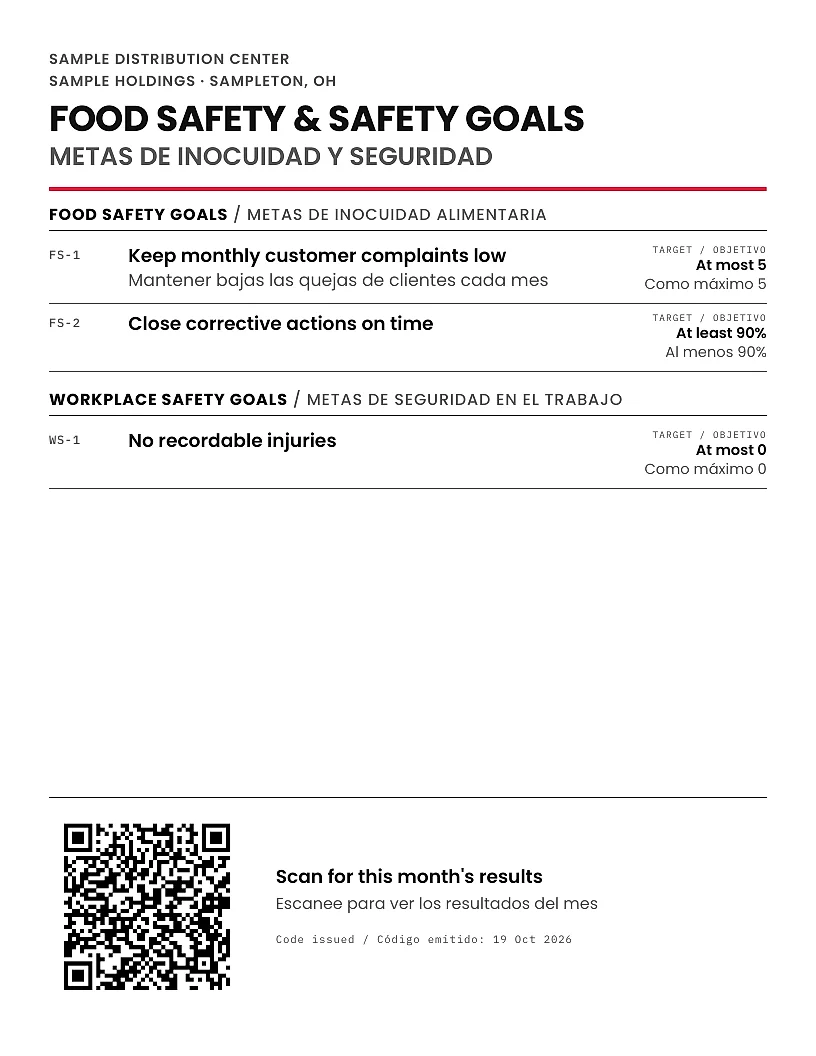 The printed goals board poster. Food Safety & Safety Goals and its Spanish title sit above two lists of goals with targets, and a QR code with a line to scan for this month's results.