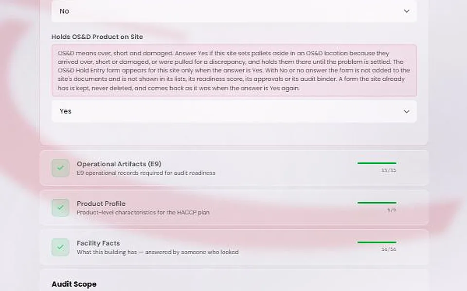 The Operational Profile section of the Site Profile with the question Holds OS&D Product on Site answered Yes, and its help text underneath.