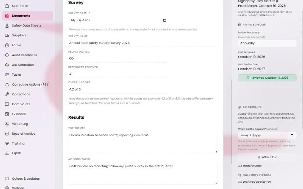 The Food Safety Culture Survey Results form filled in with a survey date, survey name, people invited, responses received, an overall score typed with its scale, top themes and actions taken.