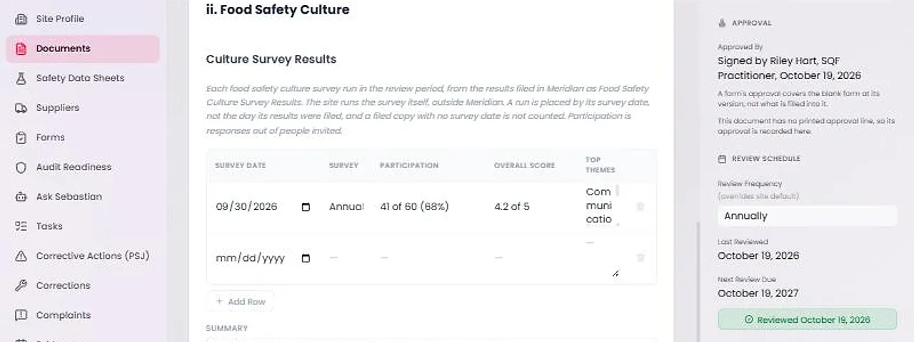 Section ii, Food Safety Culture, of the Annual Management Review. A table lists one survey run with its date, name, participation, overall score and top themes.