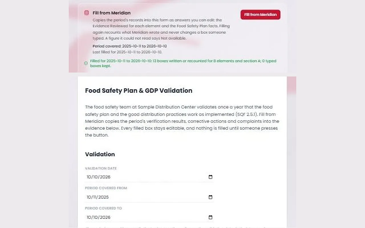 The top of the Food Safety Plan & GDP Validation form with the validation date and period filled in, and the Fill from Meridian panel showing the period covered and a green line saying how many boxes were written.