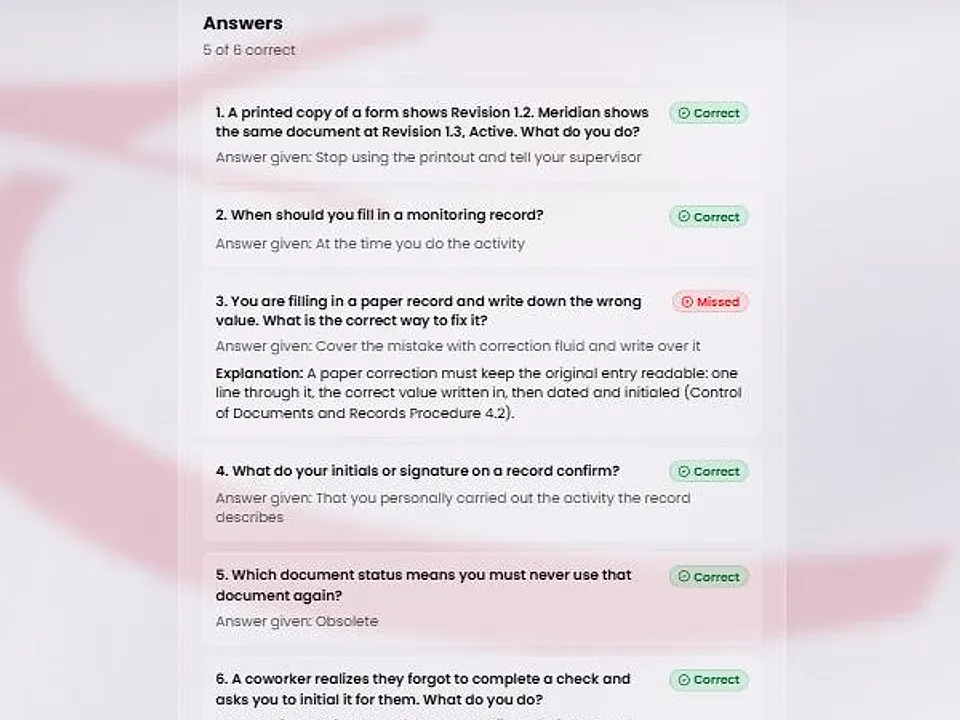 The Answers section of an attempt record. A count of correct answers is followed by each question with the answer given and a Correct or Missed mark. The missed question also shows an explanation.