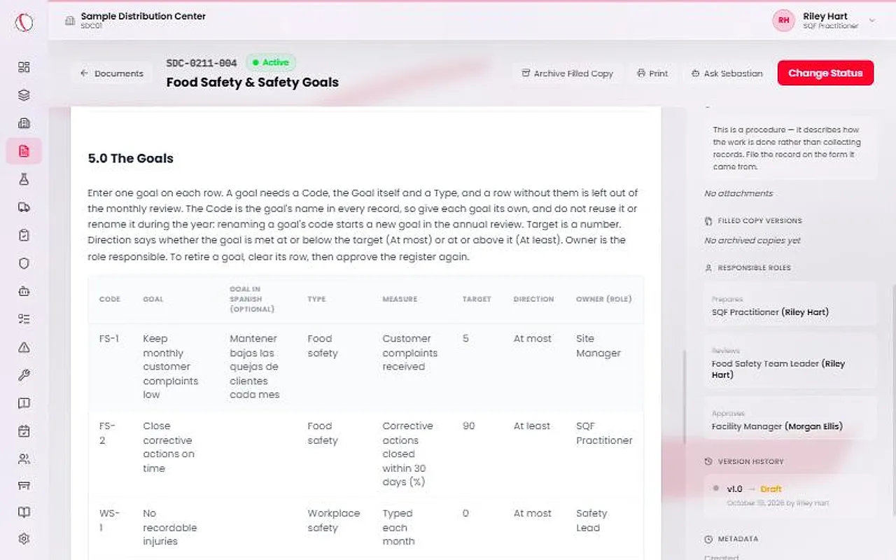 Section 5.0 of the goals document with three goals entered. Each row has a code, a goal, a type, a measure, a target, a direction and an owner role.