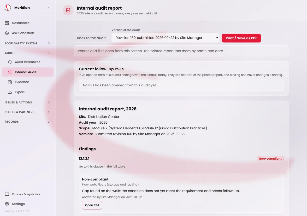 The top of a submitted internal audit report. Back to the audit, the Version of the audit list and Print / Save as PDF sit above the report header, which gives the site, audit year, scope and version. Findings begins with a Non-compliant finding that has an Open PSJ button.