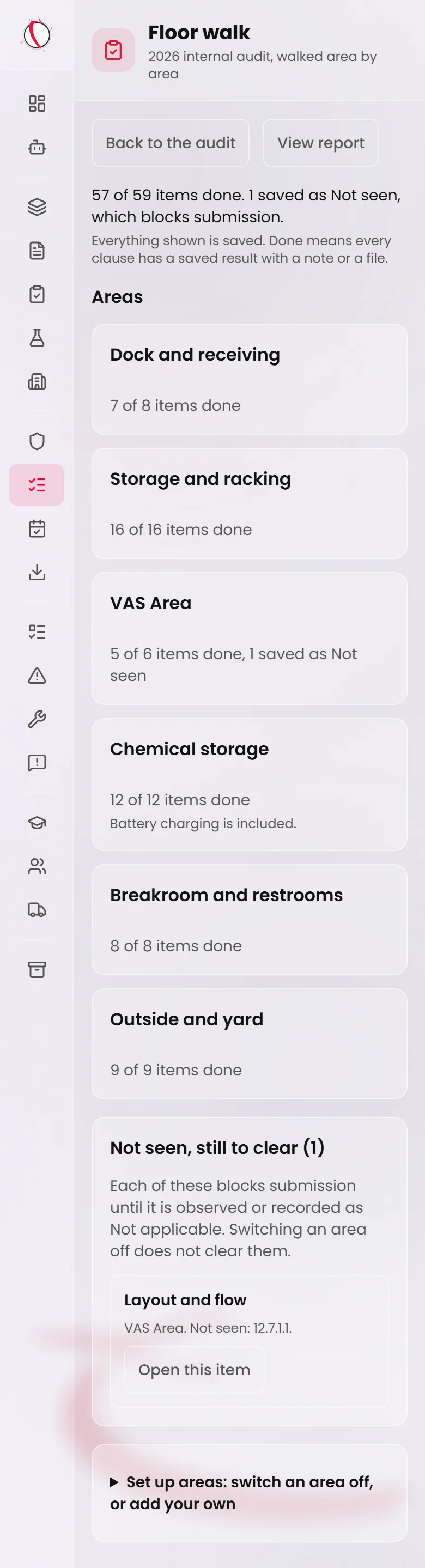The Floor walk page on a phone. It says how many items are done, then lists the six areas with a progress line each, and notes that battery charging is included under Chemical storage. Below them, a Not seen, still to clear panel holds one item with an Open this item button, followed by Set up areas.