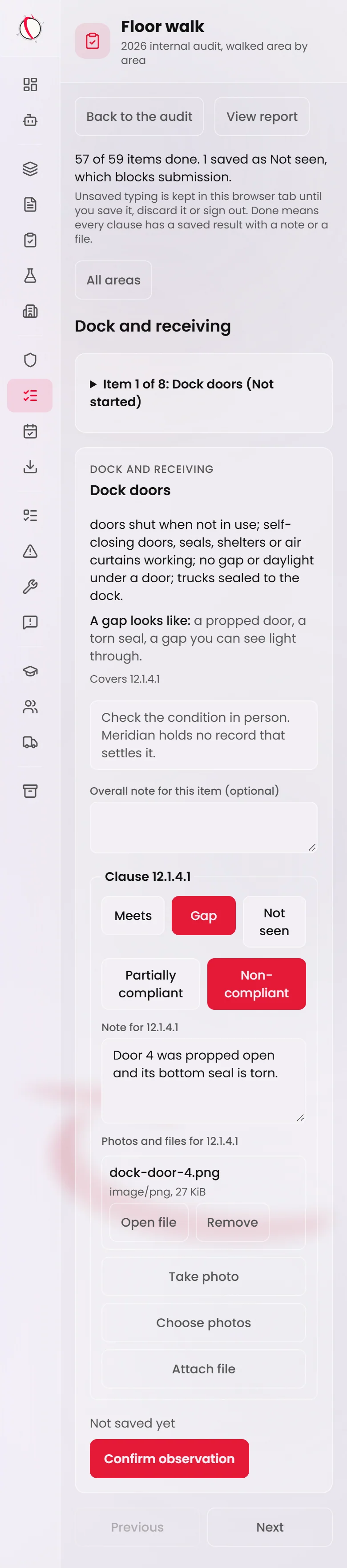 A floor walk item card on a phone. For one clause, Gap is chosen, then Non-compliant, with a short note and one attached photo that shows Open file and Remove. Take photo, Choose photos and Attach file sit below it, followed by the Confirm observation button.