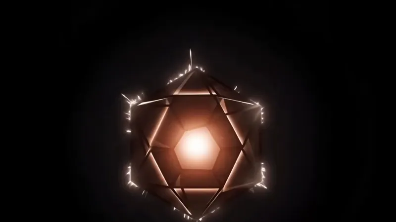 Opening frame from the 2026 film: the Beacon emblem, a faceted polyhedron with a glowing amber core, on black.