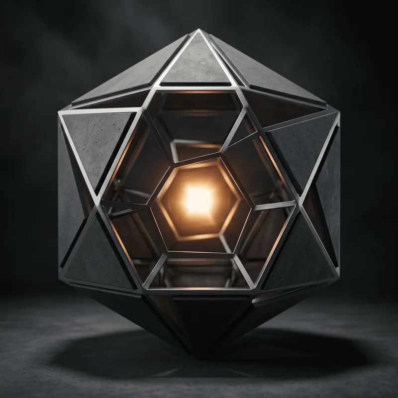 Beacon VTS as sculpture: a faceted concrete and brushed-steel polyhedron with a glowing amber core.