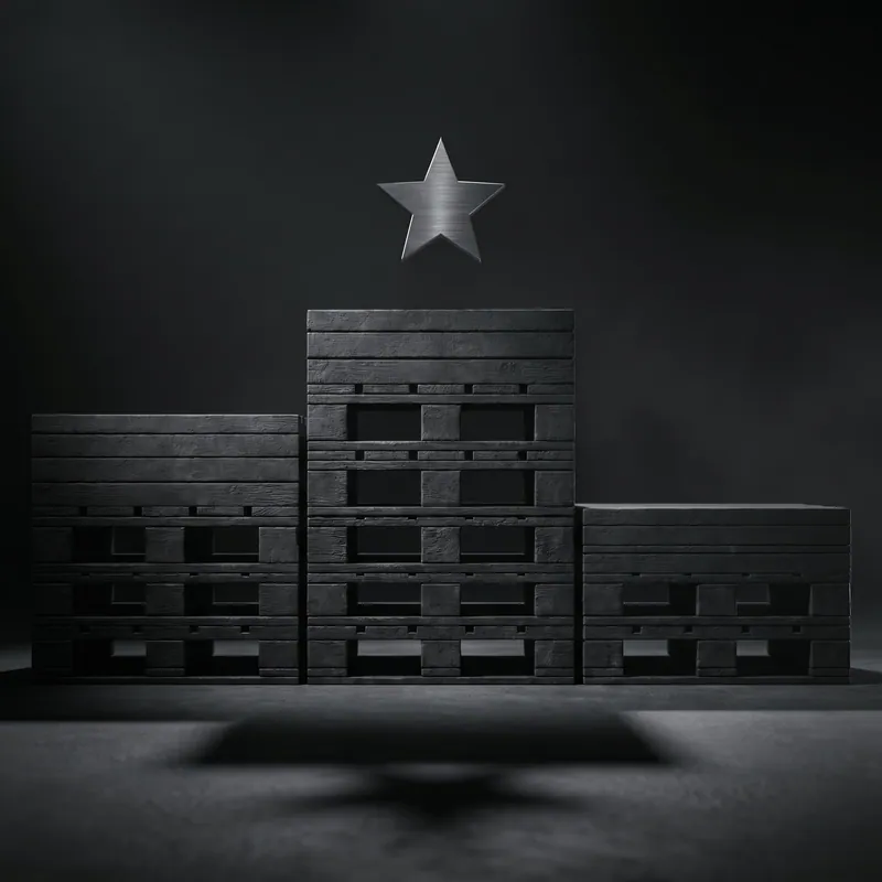 Floor Score as sculpture: three stacks of charred pallets forming a podium, with a brushed-steel star floating above the tallest.