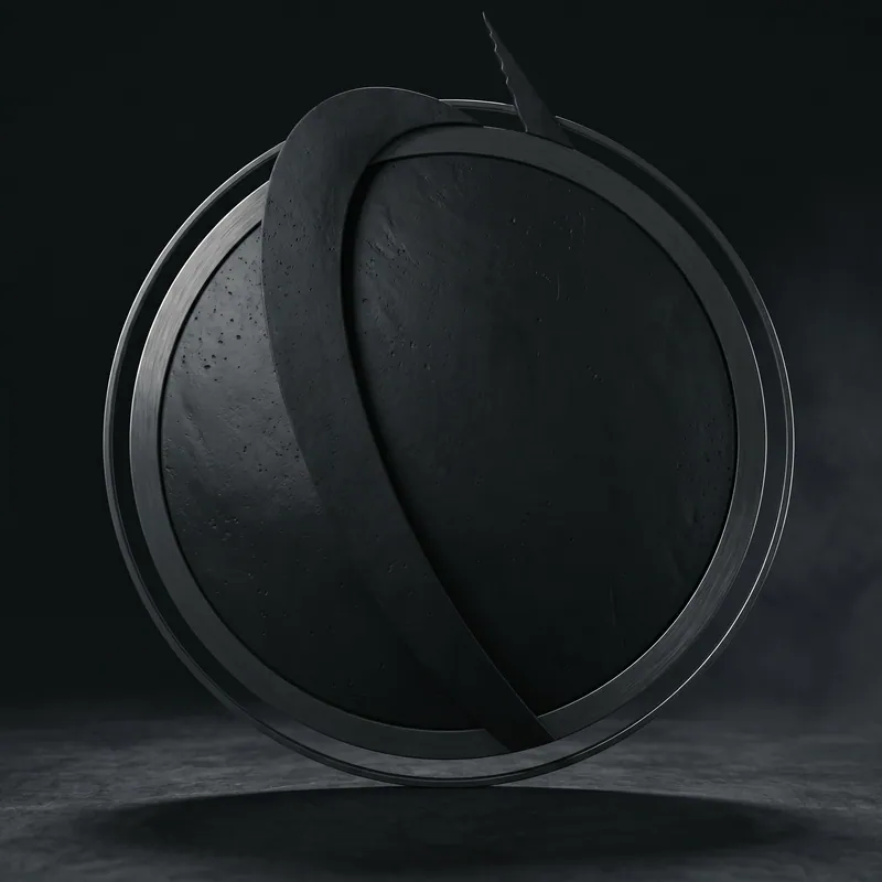 Meridian as sculpture: a dark cast-concrete sphere cradled in a brushed-steel ring, crossed by a curved concrete band.