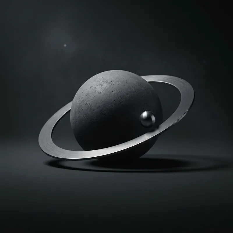 Orba as sculpture: a concrete sphere circled by a tilted brushed-steel ring, with a small steel ball set into its surface.