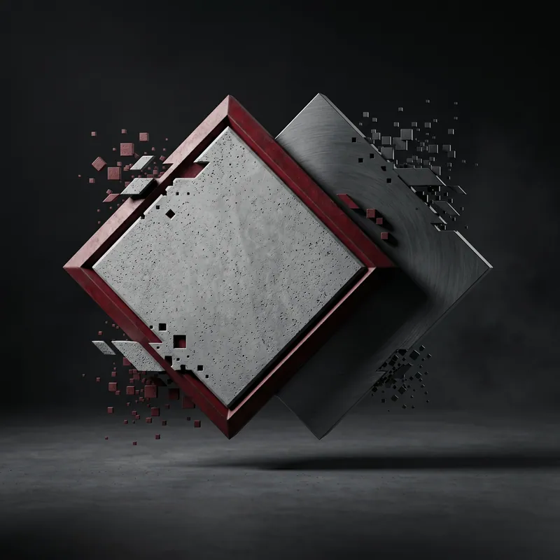 Relay as sculpture: a pale concrete square in an oxblood-red frame beside a brushed-steel plate, both breaking into small cubes.