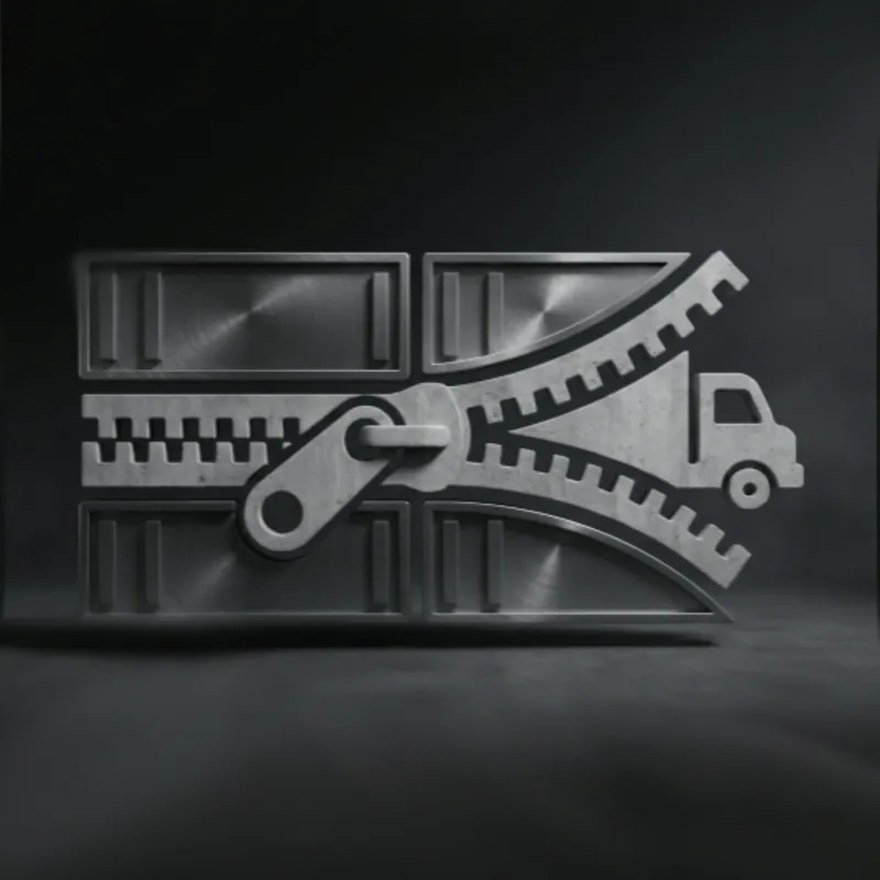 Yardzip as sculpture: a steel panel of container doors unzipped to reveal a concrete delivery truck.